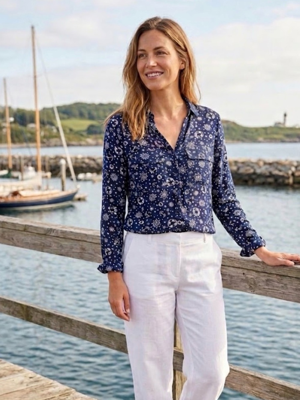 Nautical Print Coastal Button-Front Blouse